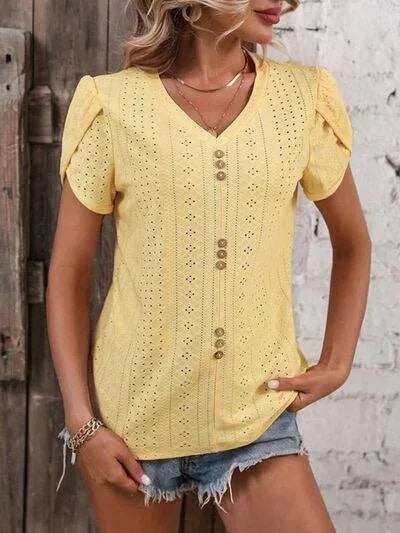 Eyelet V-Neck Petal Sleeve T-Shirt True Yellow Women's T-Shirts - Tophatter Daily Deals